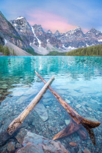 Moraine Lake with a pink sky