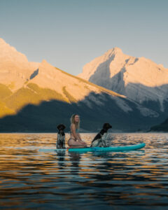 Paddle boarding with dogs and mountains